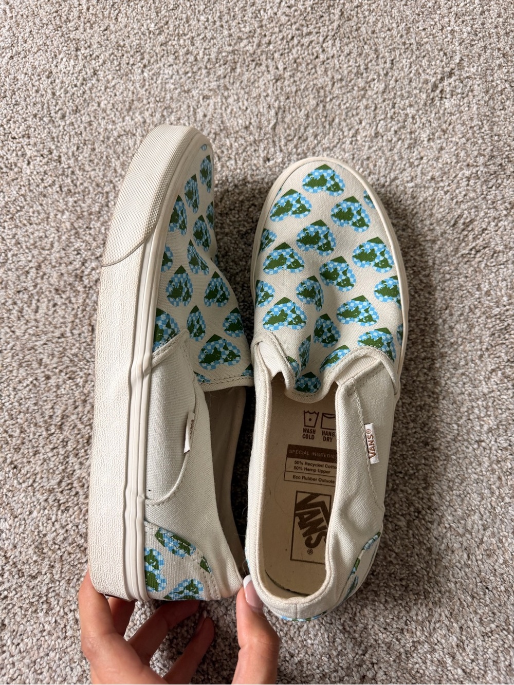 Vans Women’s Slip-On Shoes in Cream with Blue Globe Print